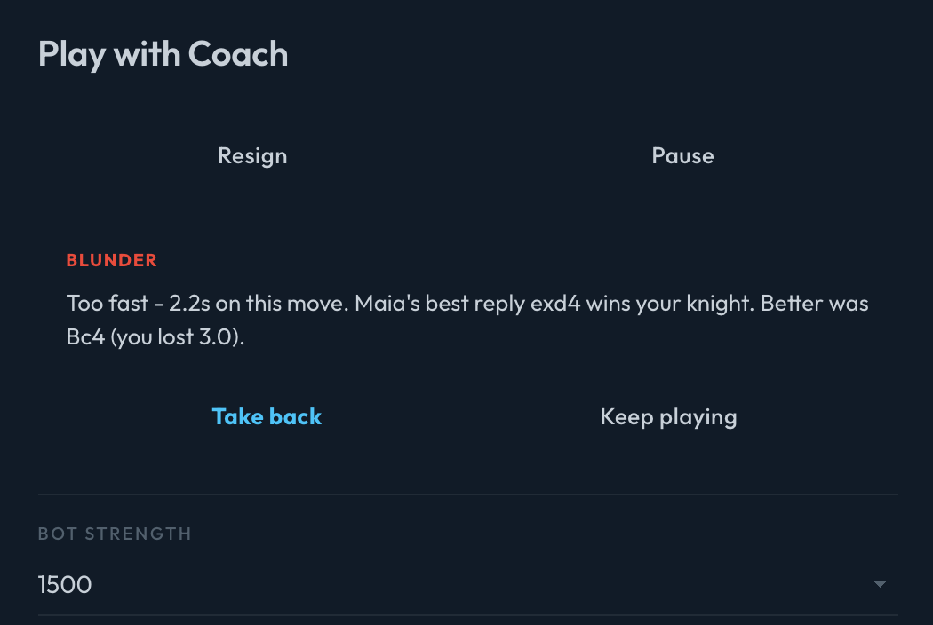 Play with Coach: a blunder card offering a take-back