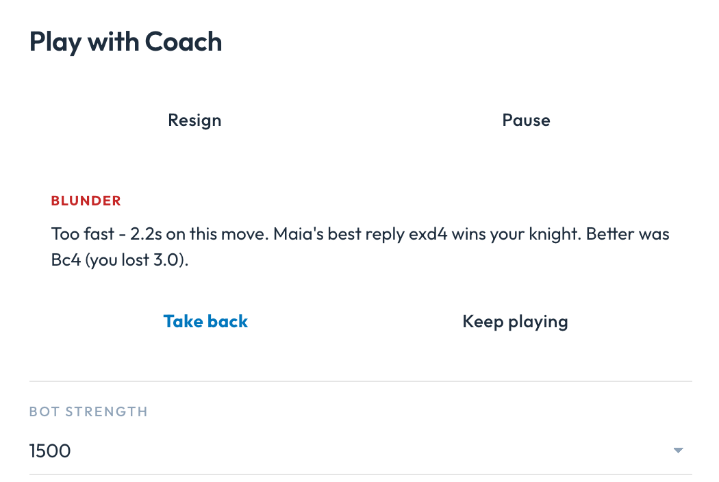 Play with Coach: a blunder card offering a take-back